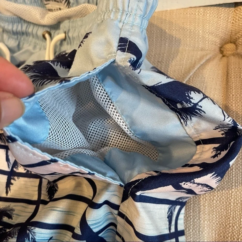 Q: Trunks Surf & Swim Co Mens Shorts Small Blue Palms Tree Printed Stretch